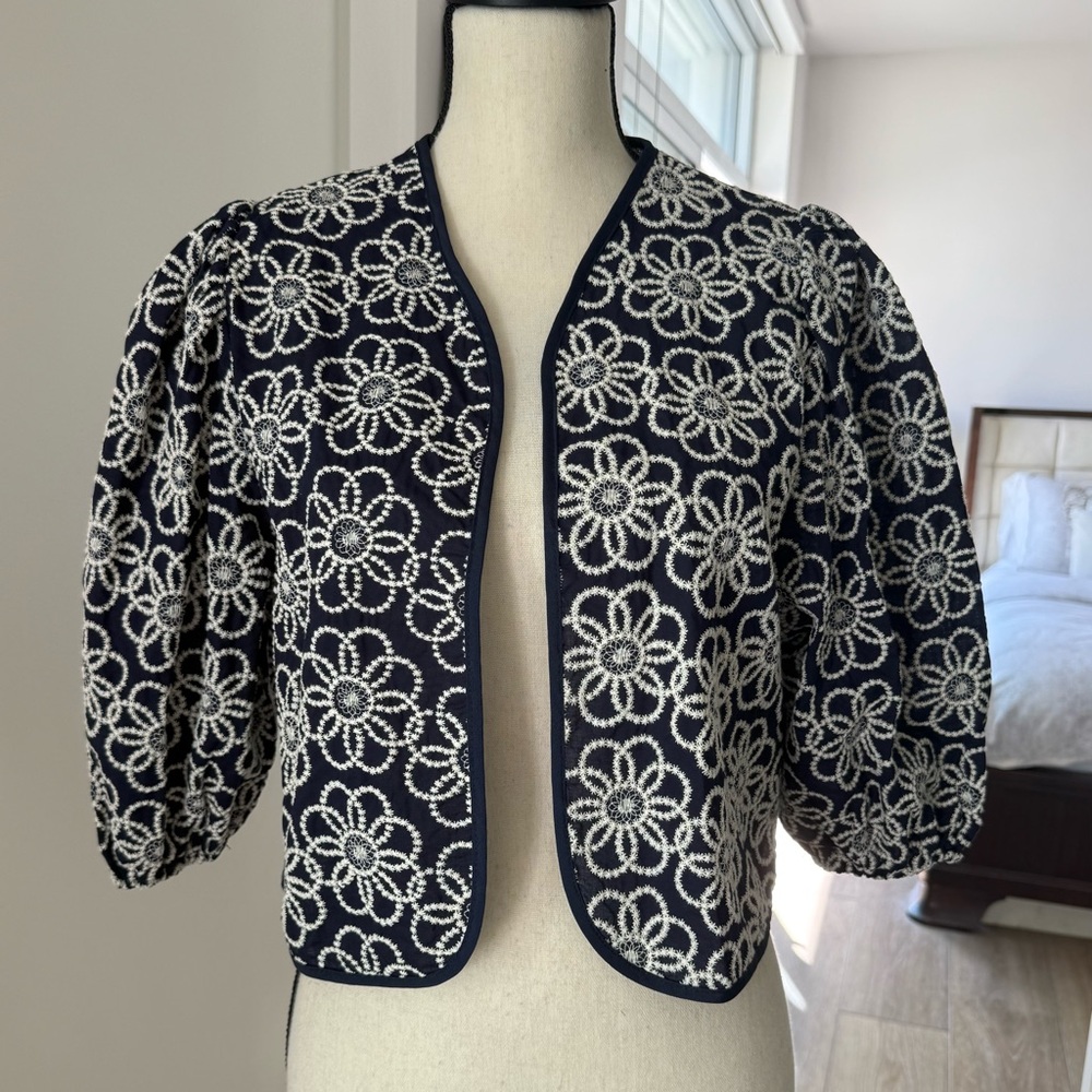 Maeve Anthropologie Cropped Floral Embroidered Jacket Puff Sleeve One Size - Picture 2 of 10